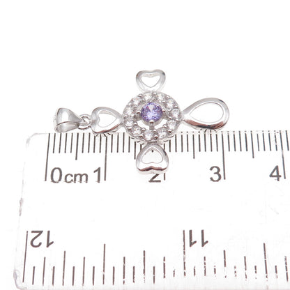 925 Sterling Silver Round-Cut Purple & White C Z Heart Cross Charm Pendant