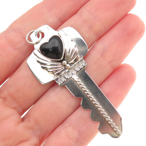 Benson Manygoats Navajo Old Pawn Sterling Vintage Black Onyx Heart Key Pendant