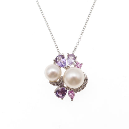 925 Sterling Silver Real Pearl Amethyst Pink & White Topaz Chain Necklace 18"