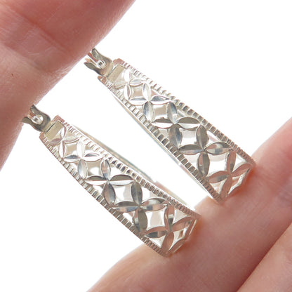 925 Sterling Silver Vintage Mexico Diamond-Cut Flower Hoop Earrings