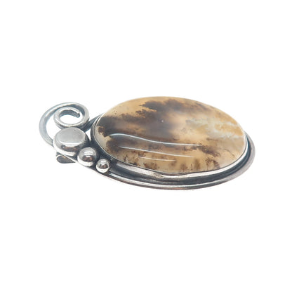 925 Sterling Silver Vintage Real Agate Gemstone Landscape Slide Pendant