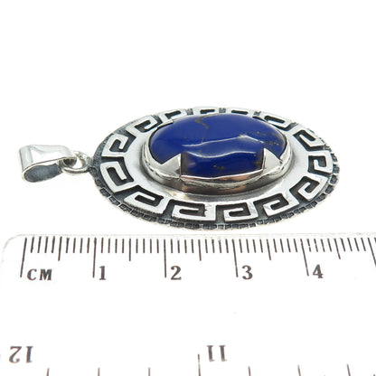 925 Sterling Silver Vintage Real Lapis Lazuli Gemstone Greek Maze Pendant