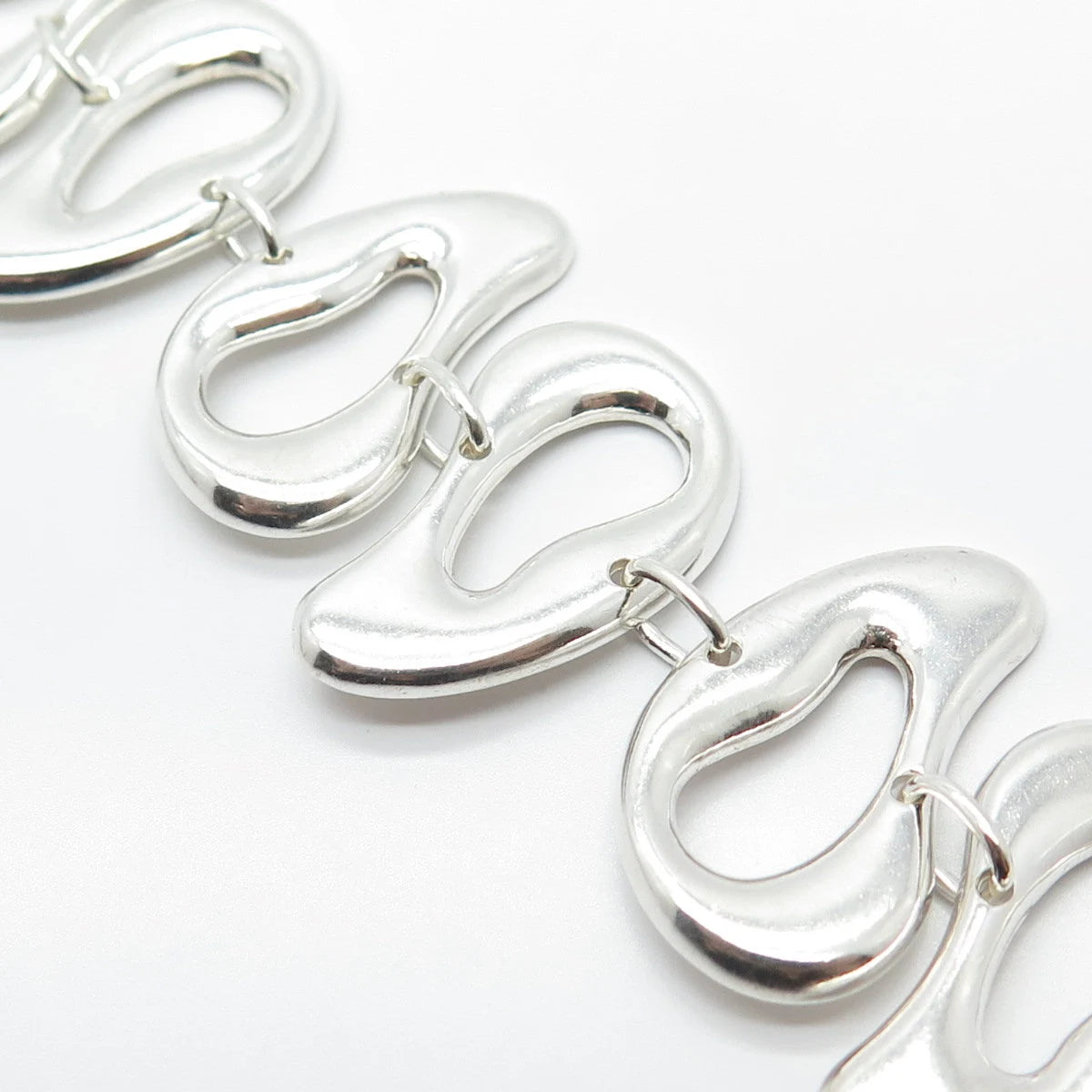925 Sterling Silver Vintage Abstract Bean Wide Link Bracelet 7"