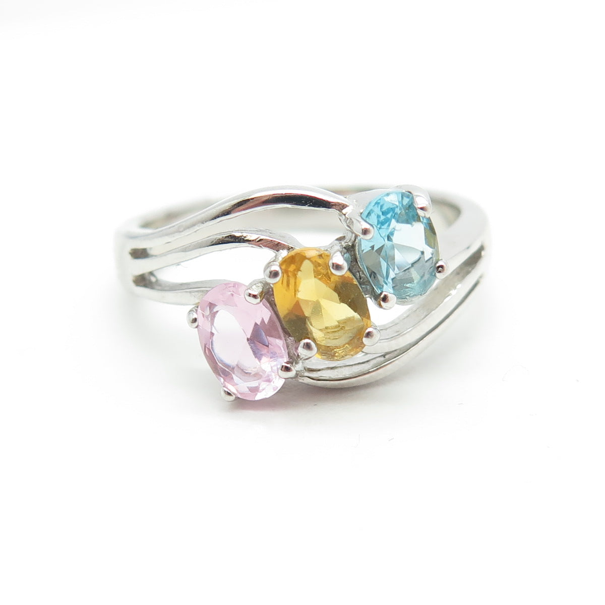 925 Sterling Silver Pink Amethyst Blue Topaz & Citrine Gemstone Ring Size 8.25