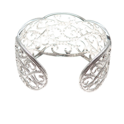 925 Sterling Silver Real Round-Cut Diamond Swirl Adjustable Cuff Bracelet 7"