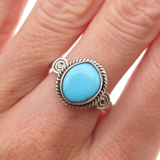 925 Sterling Silver Vintage Real Sleeping Beauty Turquoise Spiral Ring Size 8.25