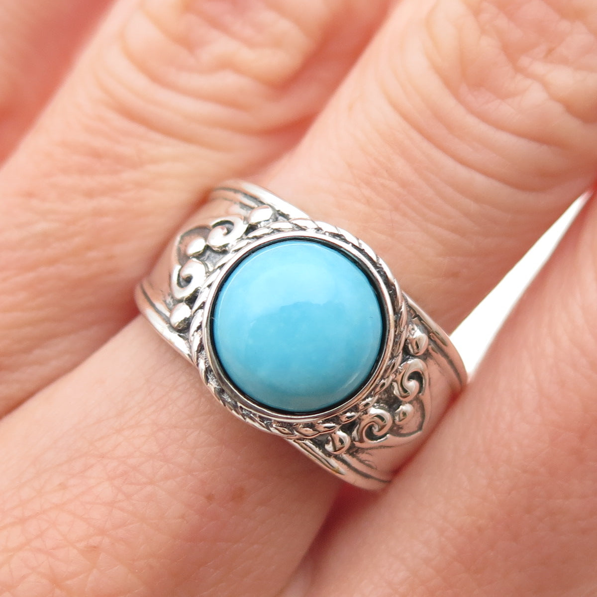 925 Sterling Silver Real Sleeping Beauty Turquoise Floral Ring Size 8.25