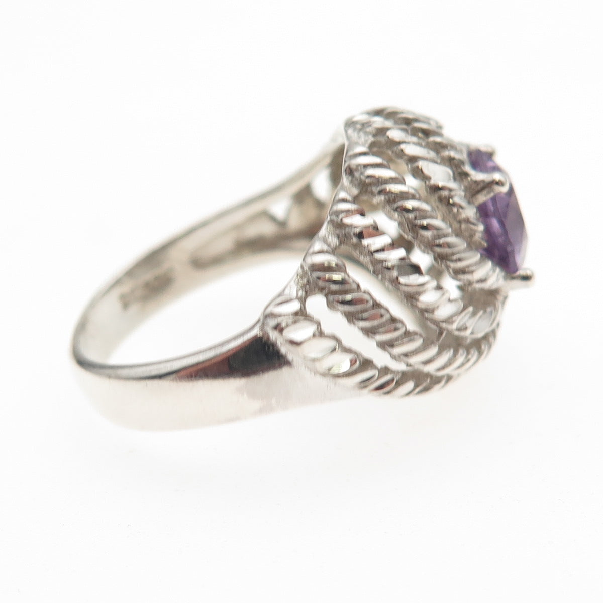 925 Sterling Silver Vintage Real Amethyst Twisted Ring Size 6.75