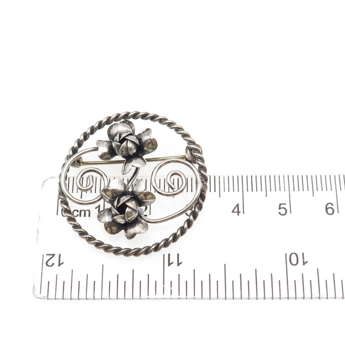 925 Sterling Silver Vintage Rose Flower Oxidized Pin Brooch