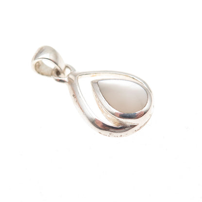 925 Sterling Silver Vintage Real MOP Teardrop Oxidized Charm Pendant