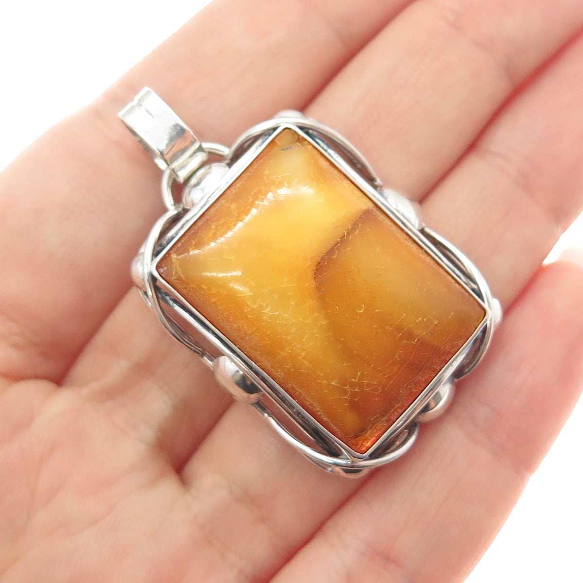 835 Silver Vintage European Real Butterscotch Amber Modernist Charm Pendant