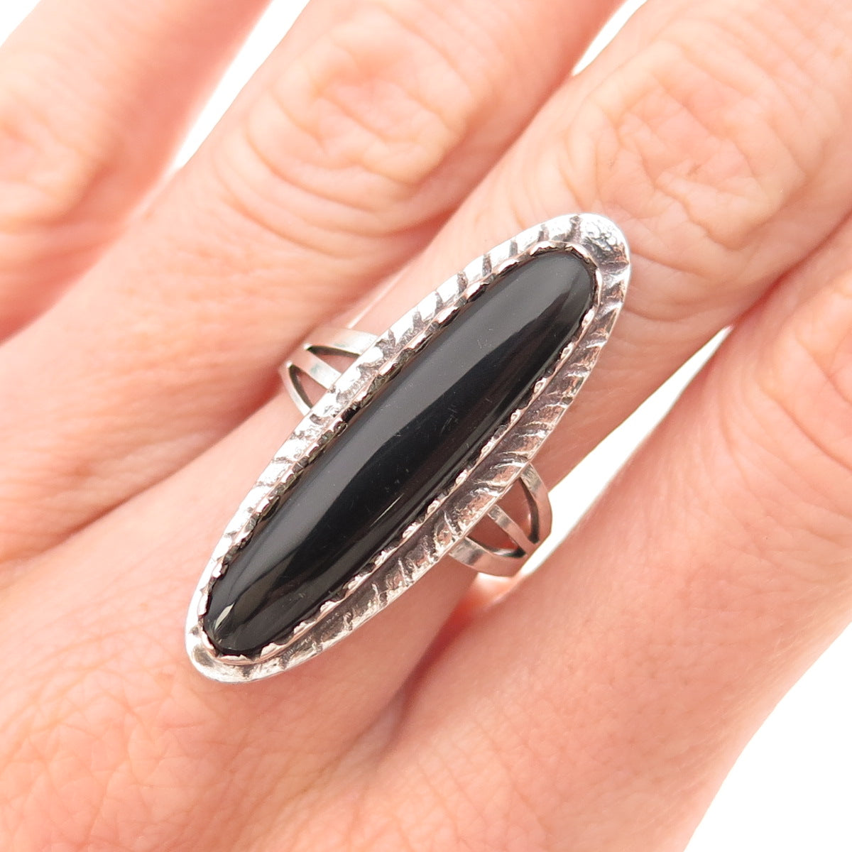 925 Sterling Silver Vintage Real Black Onyx Oxidized Ring Size 6.75