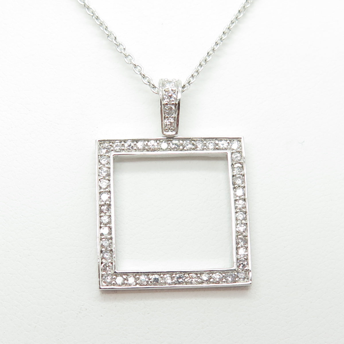 925 Sterling Silver Round-Cut C Z Square Frame Cable Chain Necklace 18-20"