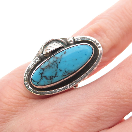 925 Sterling Silver Vintage Mexico Real Turquoise Floral Leaf Ring Size 3.25