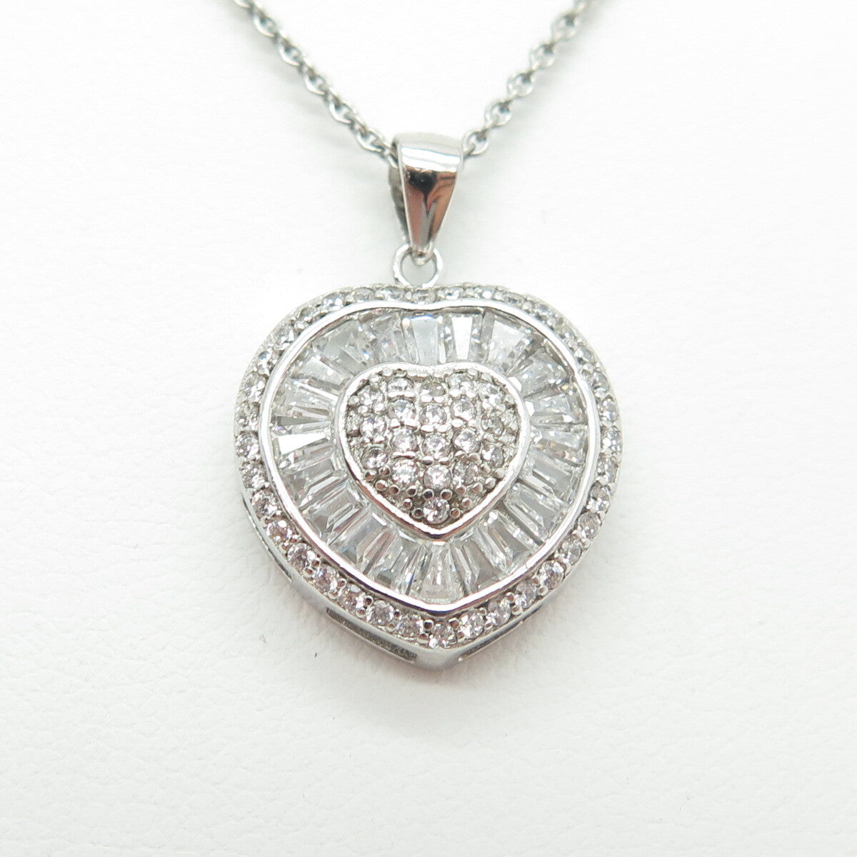 925 Sterling Silver Italy Round & Tapered Baguette-Cut C Z Heart Necklace 16"
