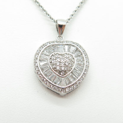 925 Sterling Silver Italy Round & Tapered Baguette-Cut C Z Heart Necklace 16"