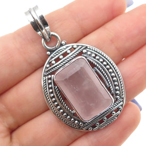 925 Sterling Silver Vintage Real Emerald-Cut Rose Quartz Oxidized Beaded Pendant