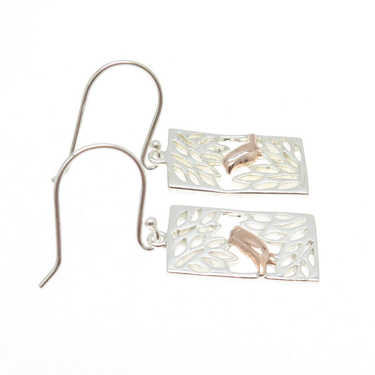 925 Sterling Silver 2-Tone Bird Dangling Earrings