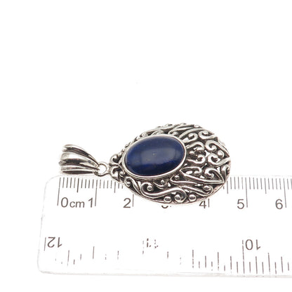 925 Sterling Silver Vintage Real Lapis Scroll Teardrop Oxidized Pendant
