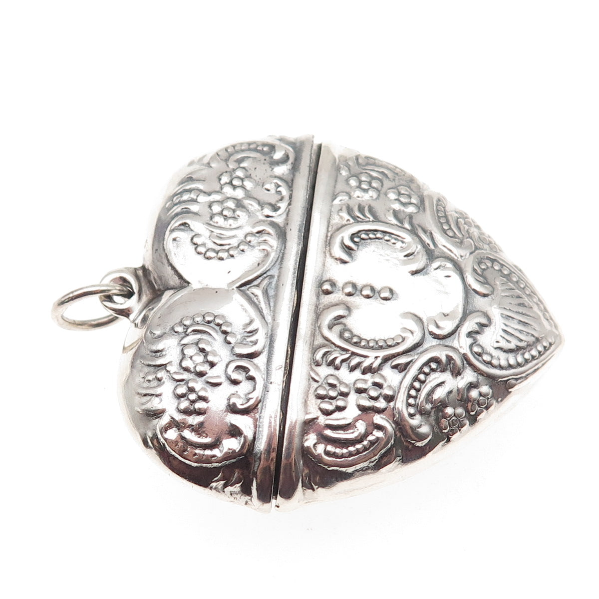 925 Sterling Silver Vintage Heart Repousse Chatelaine Box Oxidized Pendant