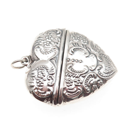 925 Sterling Silver Vintage Heart Repousse Chatelaine Box Oxidized Pendant