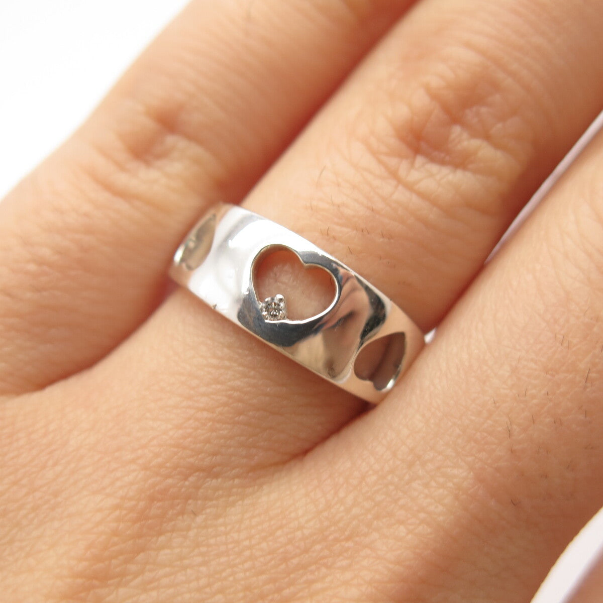 925 Sterling Silver Real Diamond Open Heart Gap Ring Size 5.75