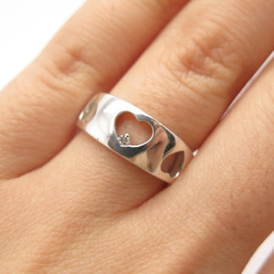 925 Sterling Silver Real Diamond Open Heart Gap Ring Size 5.75