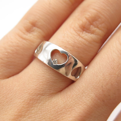 925 Sterling Silver Real Diamond Open Heart Gap Ring Size 5.75