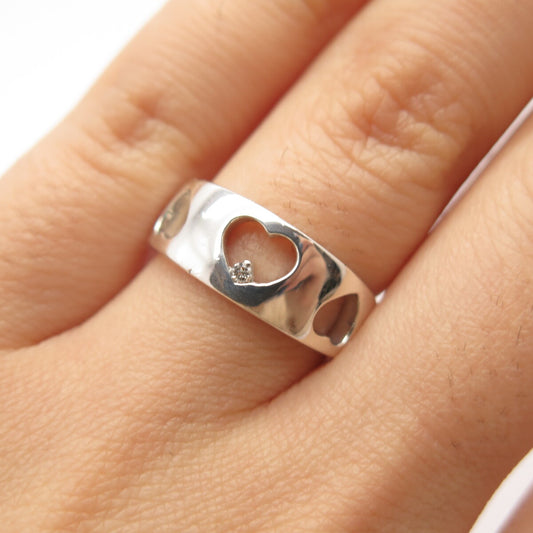 925 Sterling Silver Real Diamond Open Heart Gap Ring Size 5.75