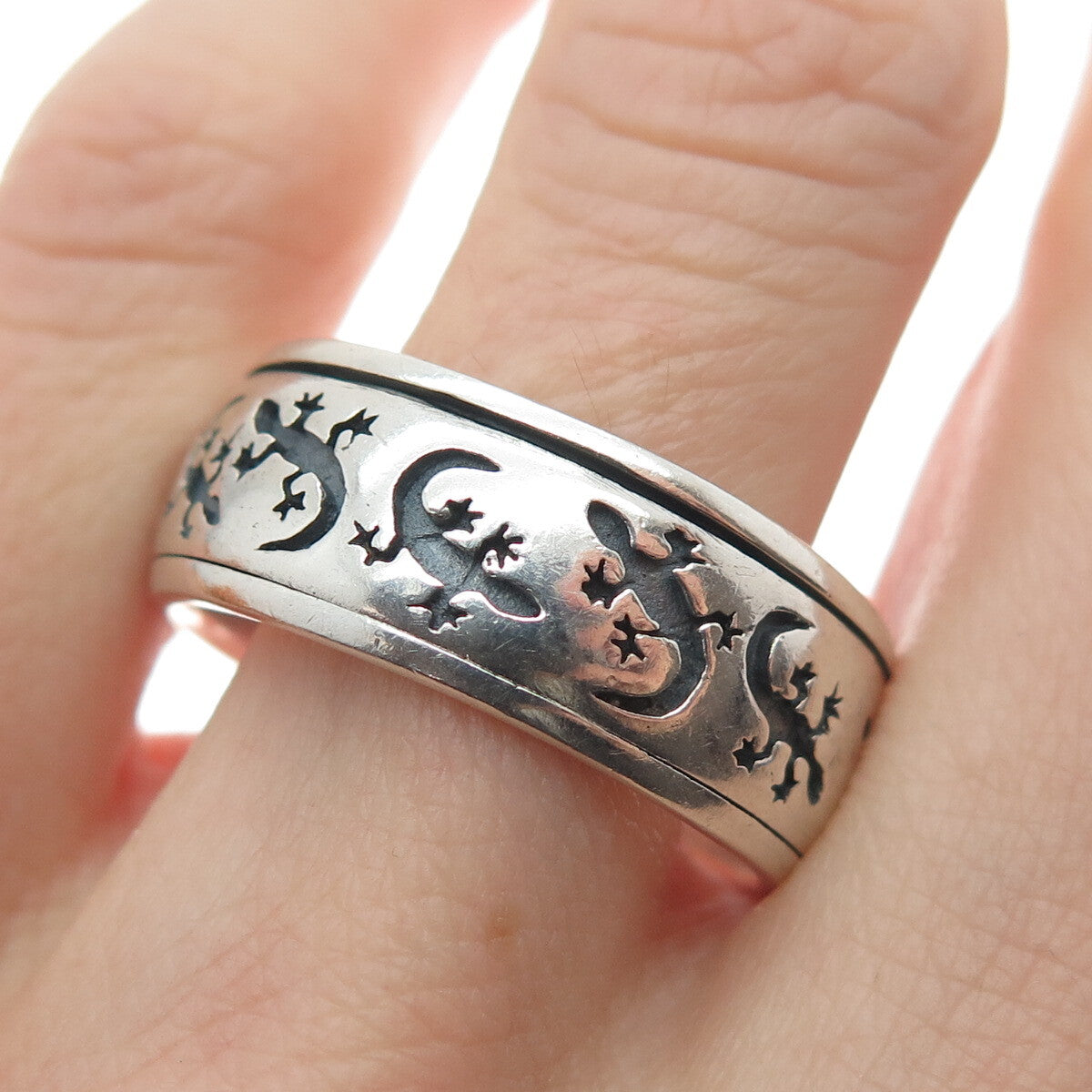 PETER STONE 925 Sterling Silver Vintage Lizard Rotating Band Ring Size 11.25