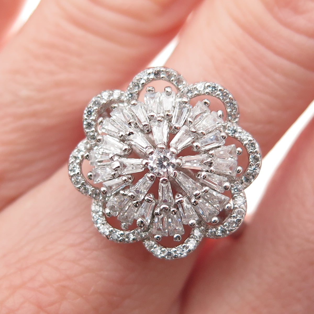 925 Sterling Silver Round & Tapered Baguette-Cut C Z Floral Ring Size 9