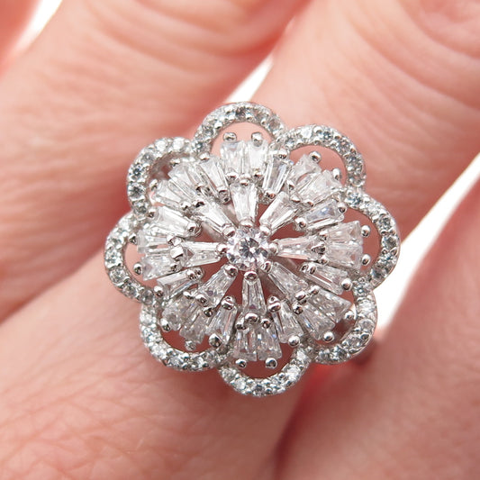 925 Sterling Silver Round & Tapered Baguette-Cut C Z Floral Ring Size 9