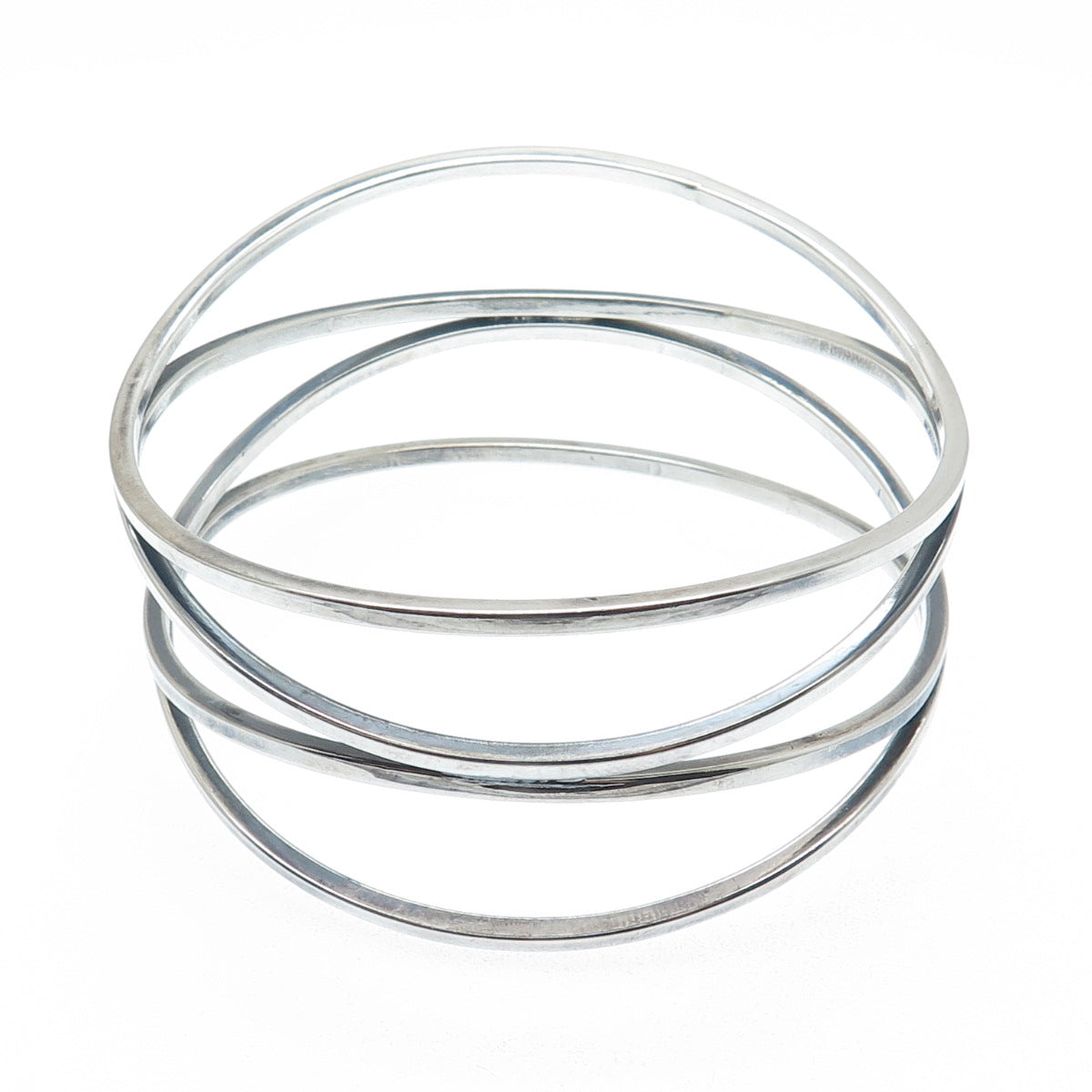 925 Sterling Silver Vintage Mexico Modernist Wavy Multi-Row Bangle Bracelet 8"