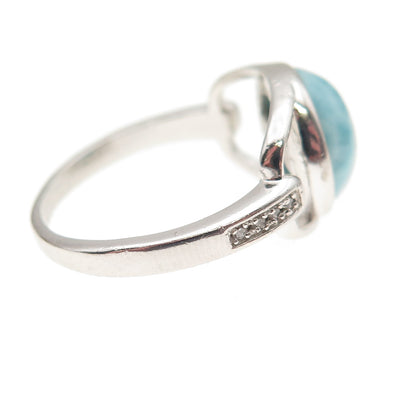 925 Sterling Silver Real Larimar & C Z Modernist Ring Size 7.25