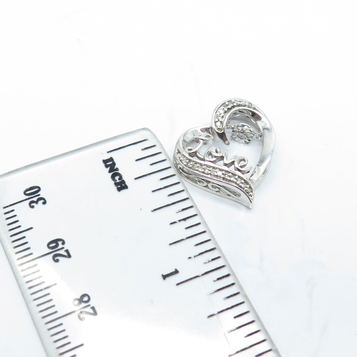 925 Sterling Silver Real Round-Cut White Diamond "LOVE" Heart Pendant