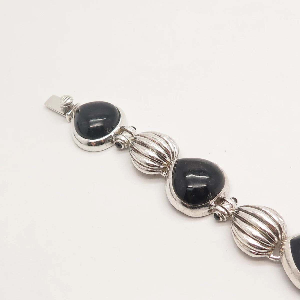 925 Sterling Silver Vintage Real Black Onyx Gemstone Bracelet 7.25"