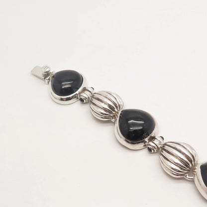 925 Sterling Silver Vintage Real Black Onyx Gemstone Bracelet 7.25"