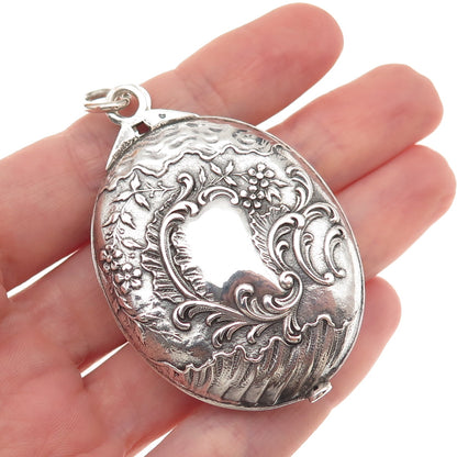 800 Silver Antique Victorian France Floral Repousse Oxidized Locket Box Pendant