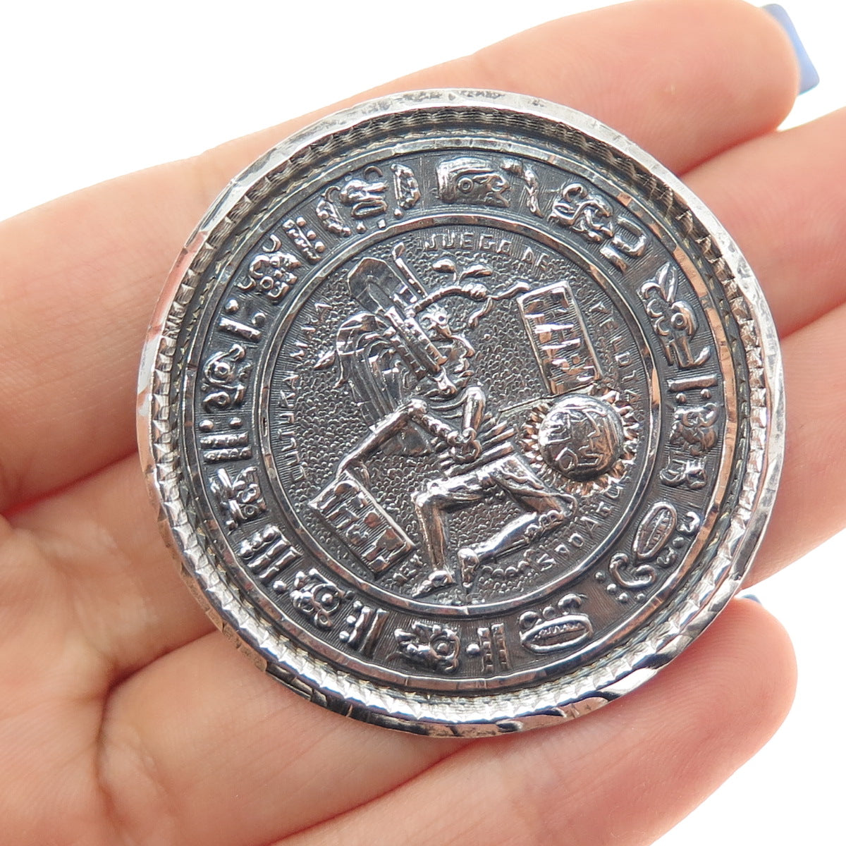 925 Sterling Silver Vintage Mexico Aztec Disc Oxidized Pin Brooch / Pendant