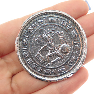 925 Sterling Silver Vintage Mexico Aztec Disc Oxidized Pin Brooch / Pendant
