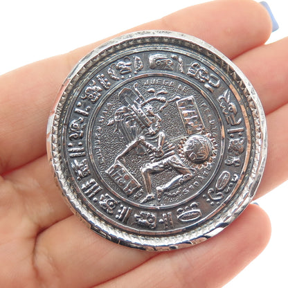 925 Sterling Silver Vintage Mexico Aztec Disc Oxidized Pin Brooch / Pendant