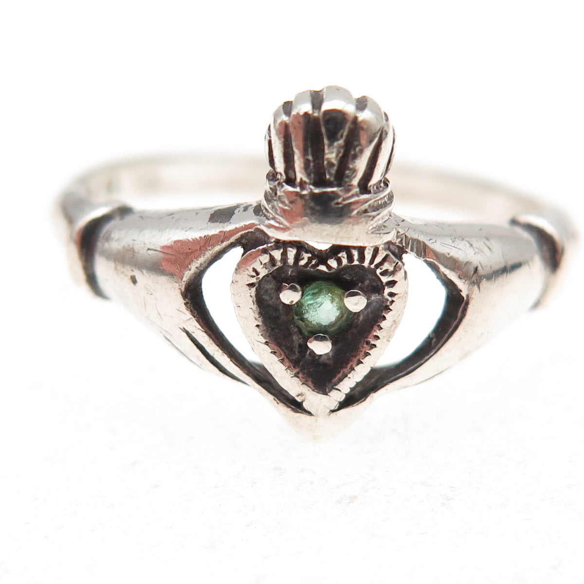 Nevada 925 Sterling Silver Vintage Real Emerald Irish Claddagh Ring Size 11.25