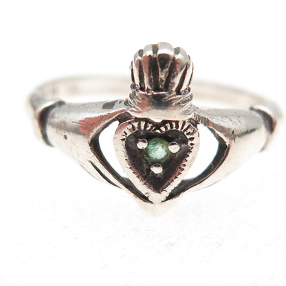 Nevada 925 Sterling Silver Vintage Real Emerald Irish Claddagh Ring Size 11.25