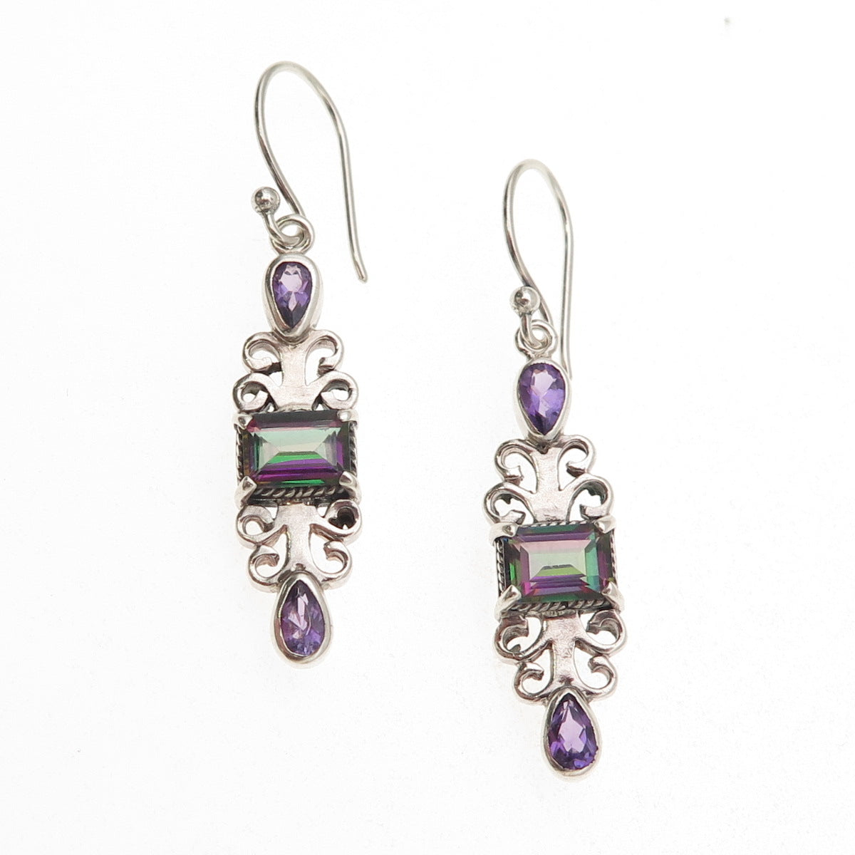 925 Sterling Silver Vintage Real Amethyst Mystic Topaz Modernist Dangle Earrings
