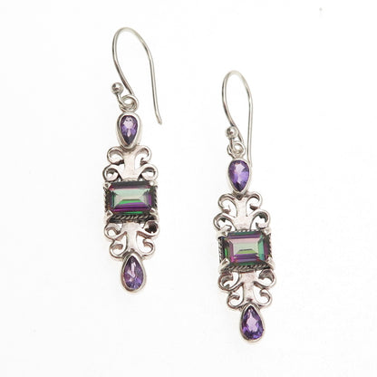 925 Sterling Silver Vintage Real Amethyst Mystic Topaz Modernist Dangle Earrings