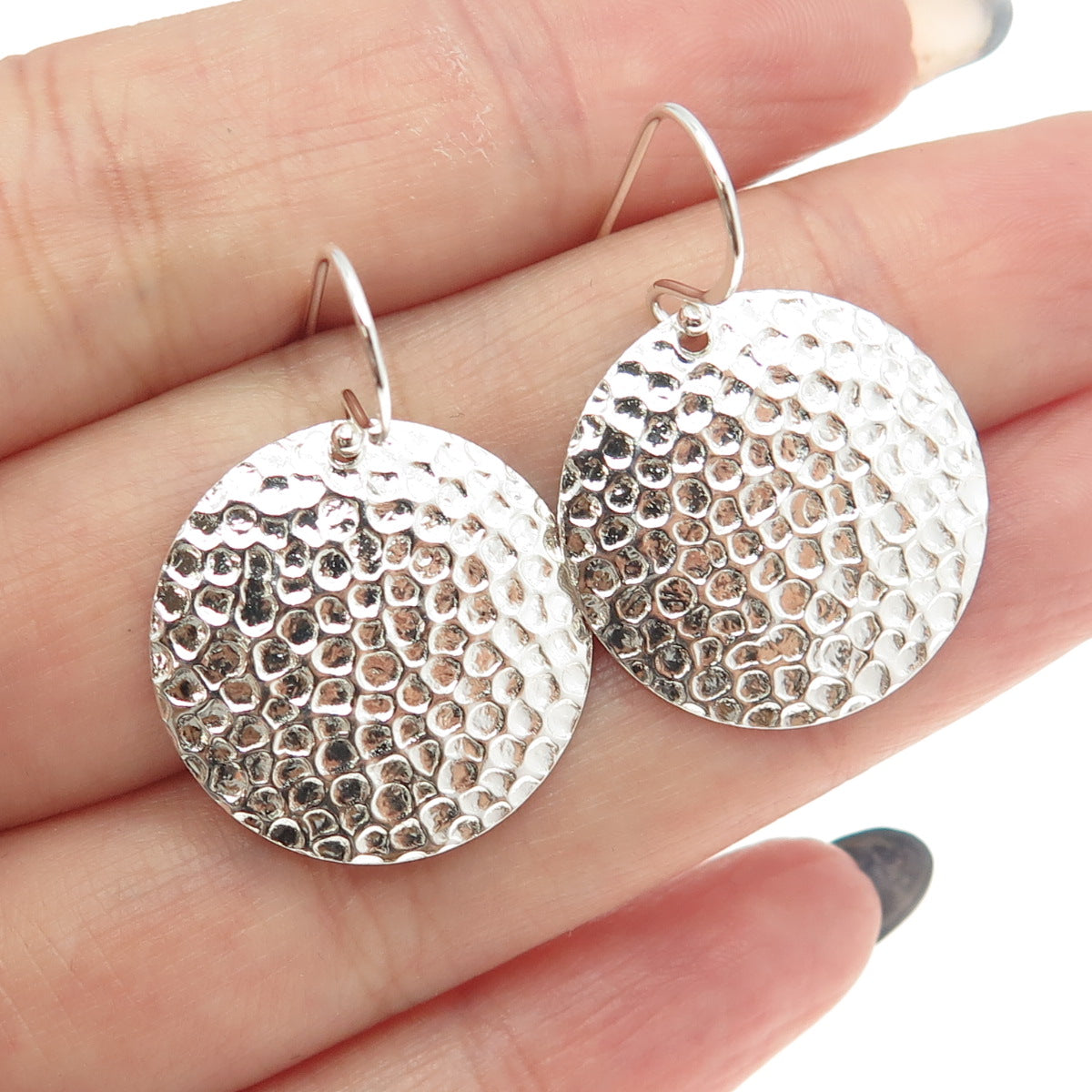 925 Sterling Silver Hammered Disc Dangling Earrings