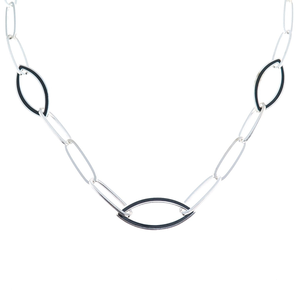 925 Sterling Silver Vintage Black Onyx Modernist Paperclip Chain Necklace 24"