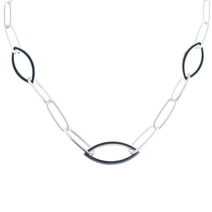 925 Sterling Silver Vintage Black Onyx Modernist Paperclip Chain Necklace 24"