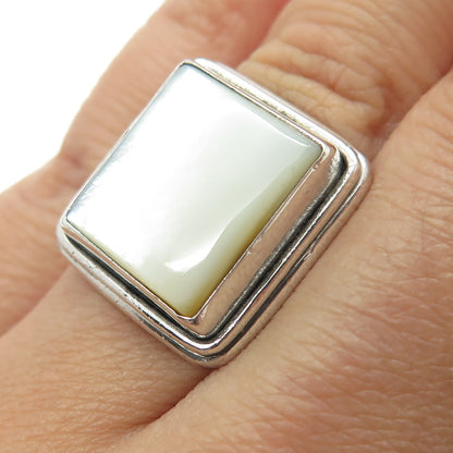 925 Sterling Silver Vintage Real Mother-of-Pearl Modernist Ring Size 6