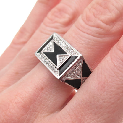 925 Sterling Silver Black Enamel & Round-Cut C Z Geometric Ring Size 11.25